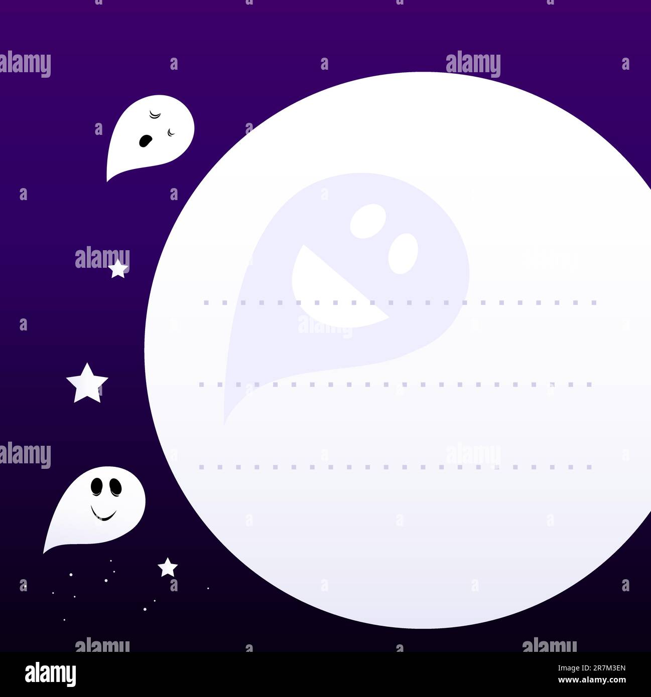 Halloween cute Ghosts che volano intorno alla Luna. Elemento grafico Cartoon vettoriale per il messaggio. Illustrazione Vettoriale