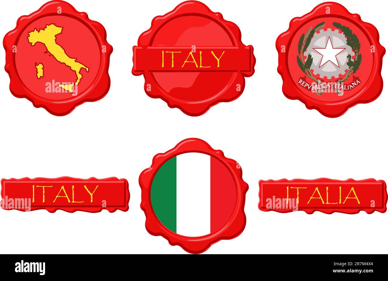 Francobolli con bandiera, sigillo, mappa e nome. Illustrazione Vettoriale