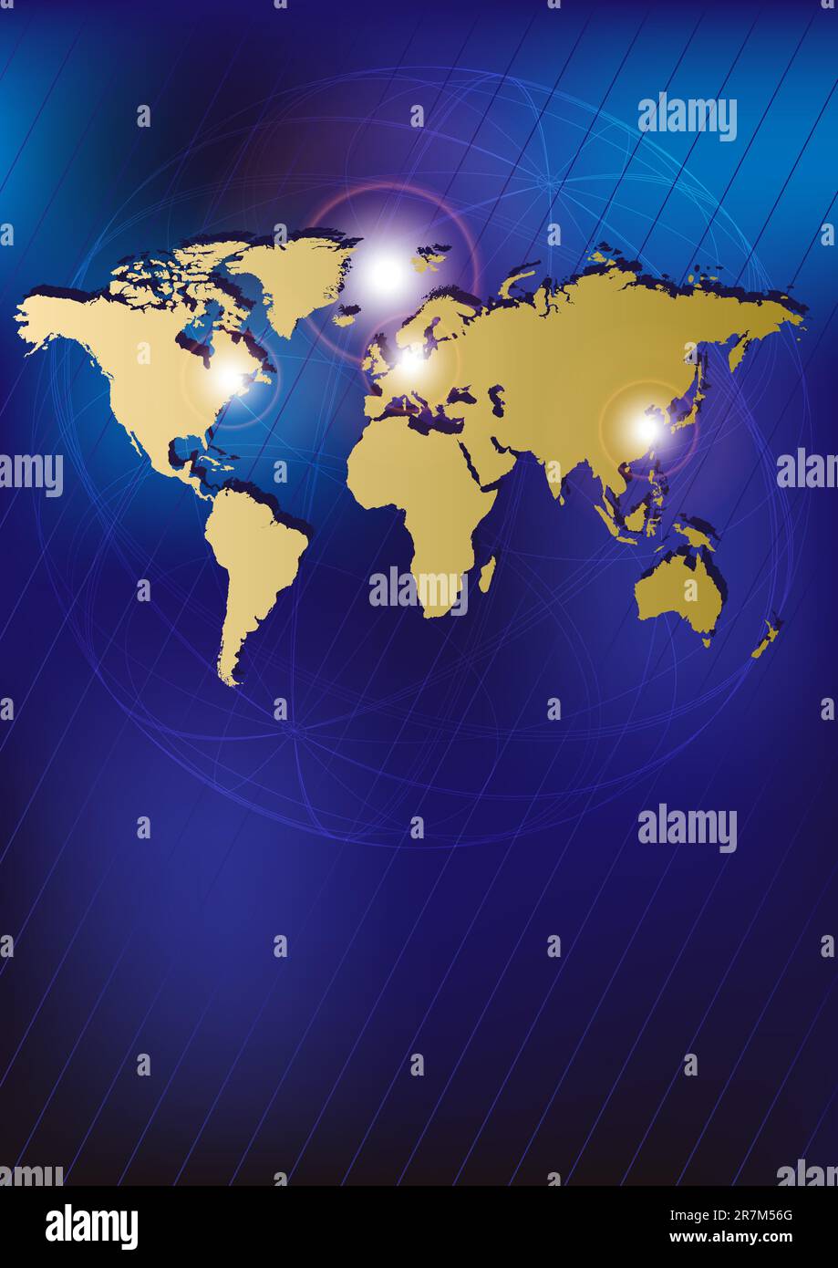 Tecnologia - sfondo dorato mondo Mappa su sfondo blu Illustrazione Vettoriale