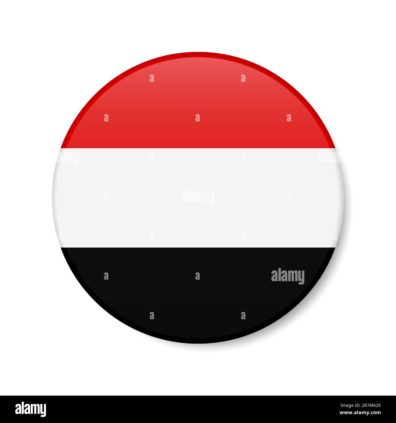 Icona del tasto cerchio dello Yemen. Bandiera yemenita con badge a forma di bandiera con ombra. 3D rappresentazione realistica del vettore isolato su bianco. Illustrazione Vettoriale