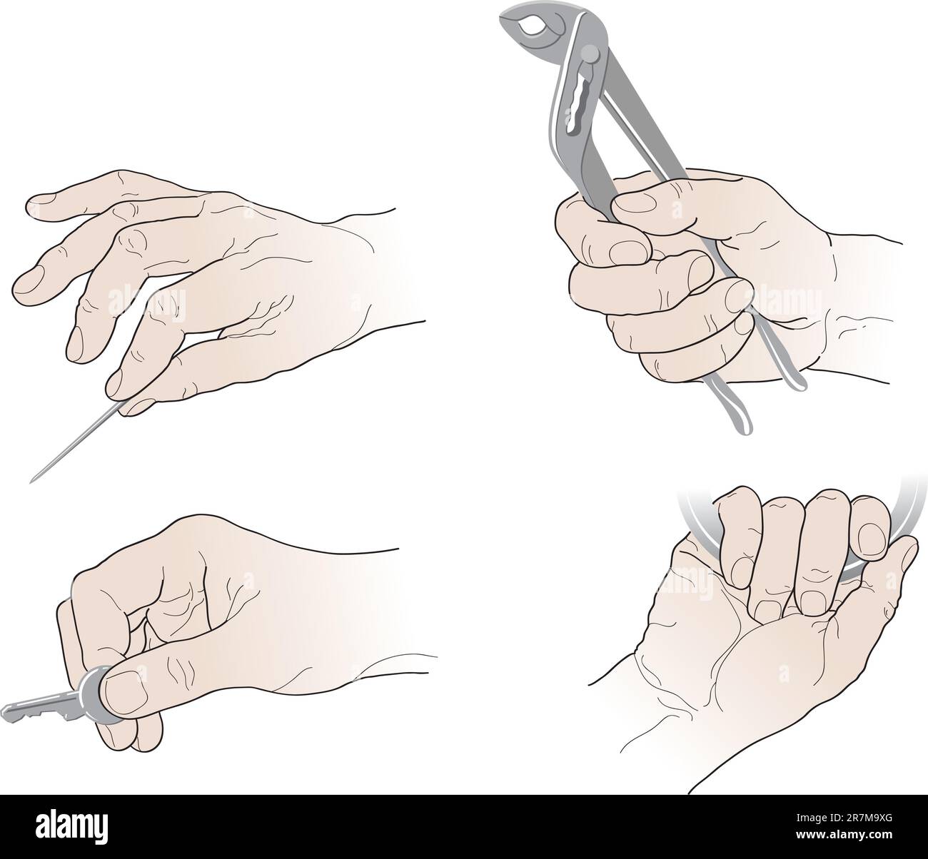 Disegnare le mani con gli strumenti su sfondo bianco Illustrazione Vettoriale
