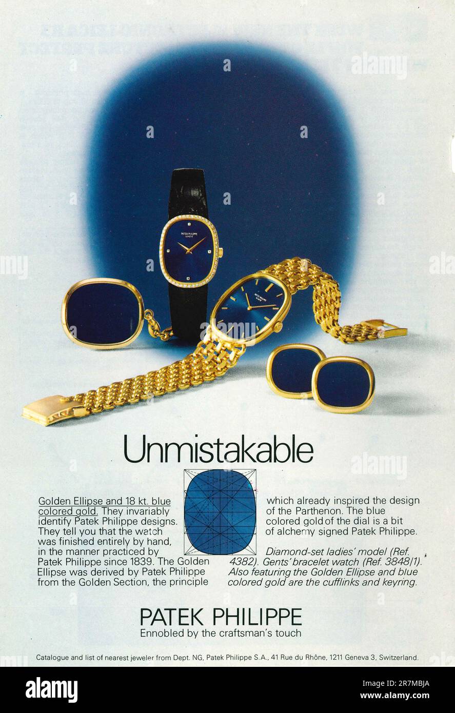 Patek Philippe Golden Ellipse con 18 kt. annuncio con quadrante in oro blu su una rivista 1976 Foto Stock
