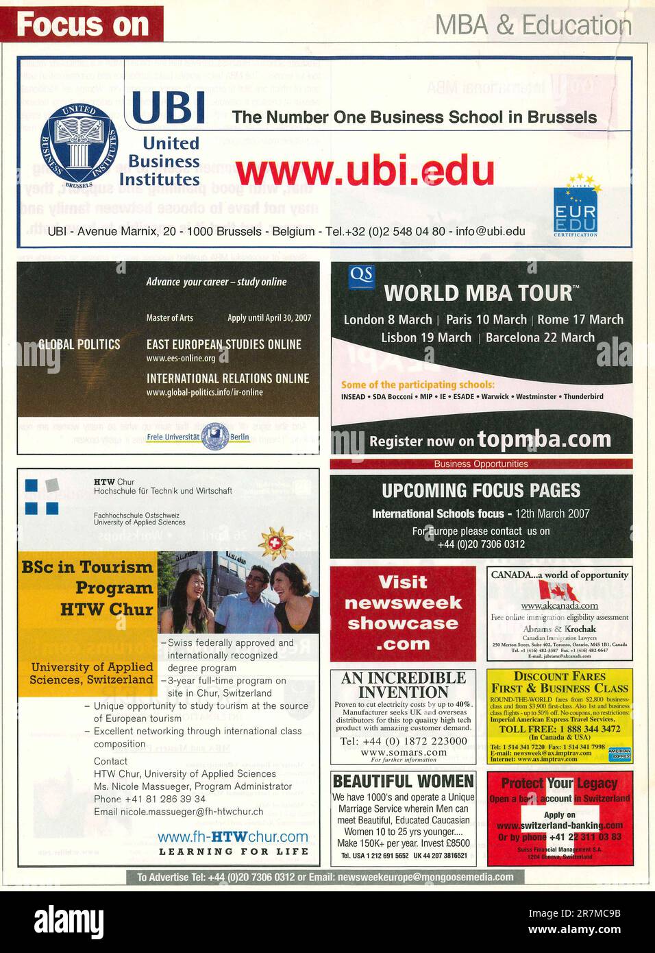 Focus sulla pagina MBA, pubblicità sulle opportunità educative in Newsweek 2007 Foto Stock