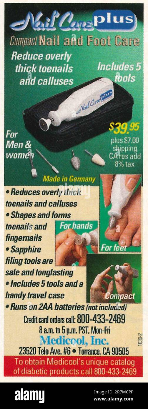 NailCare Plus è un set per la cura dei piedi e delle unghie a batteria compatto pubblicato su una rivista 2002 Foto Stock
