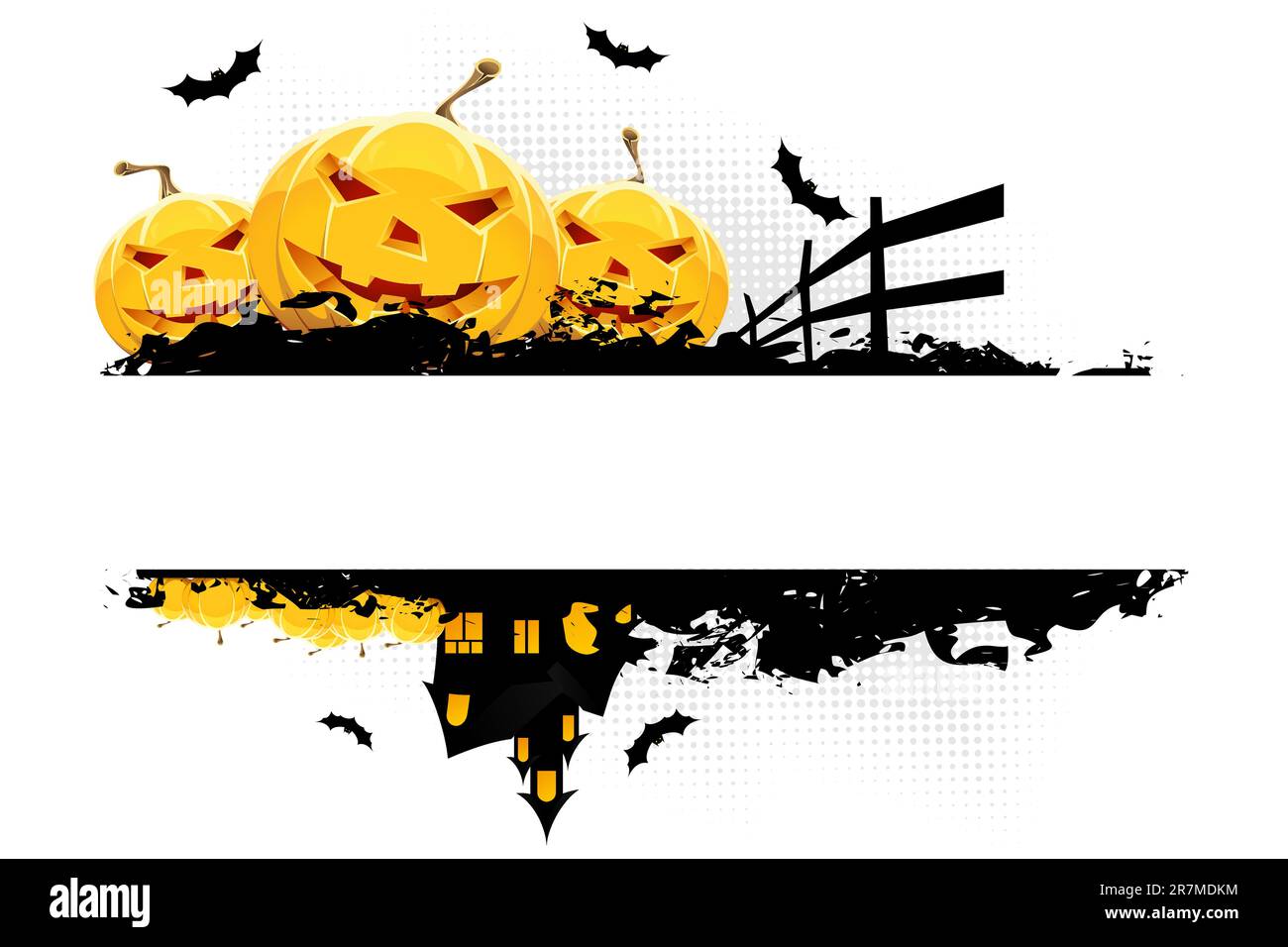 Sfondo grugnoso di Halloween con pipistrelli di zucche e la casa isolato su bianco Illustrazione Vettoriale