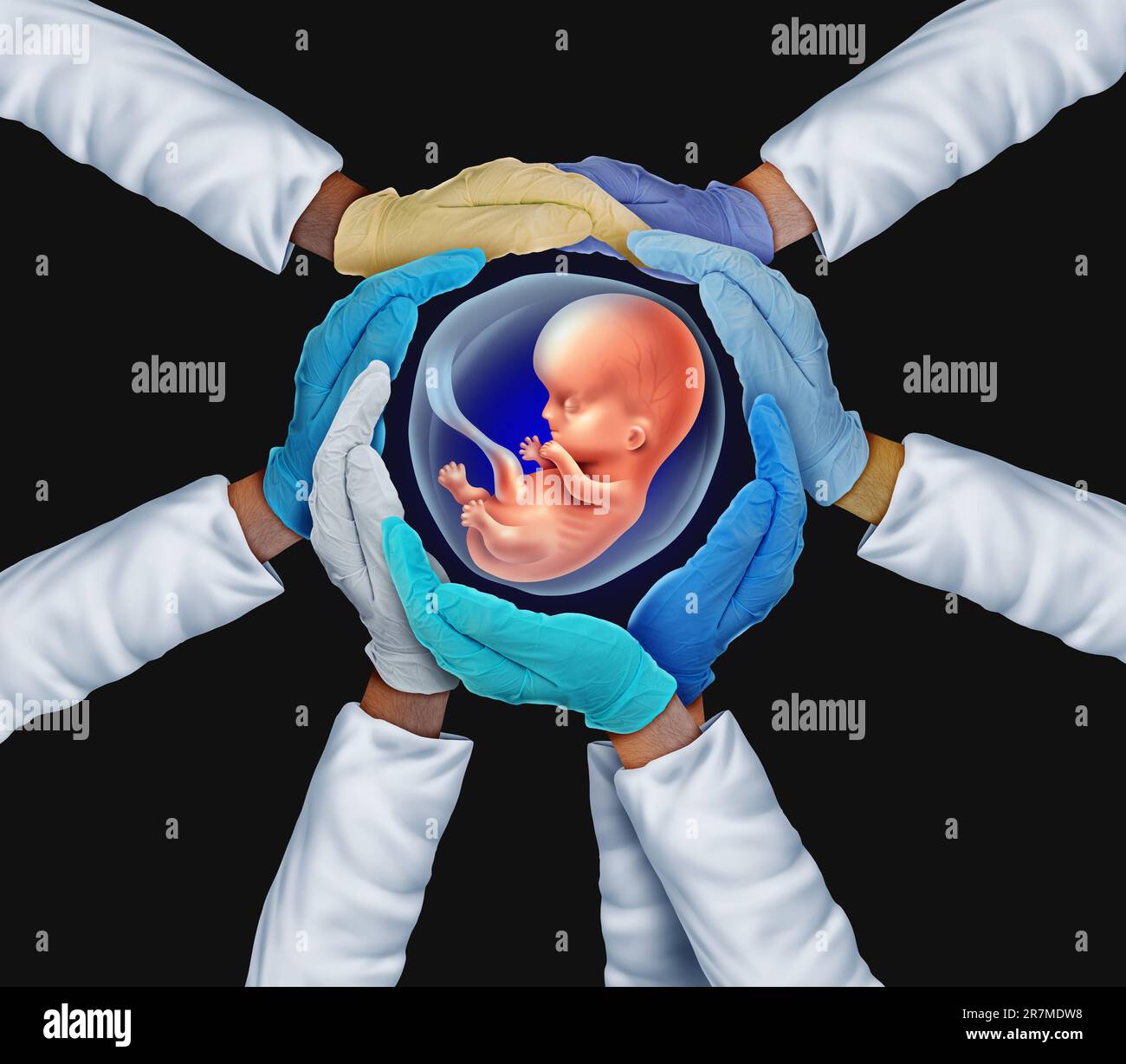 Fertilità lavoro di squadra e fecondazione in vitro o embrioni modello sintetico come un gruppo di ricercatori che detengono un embrione umano Foto Stock