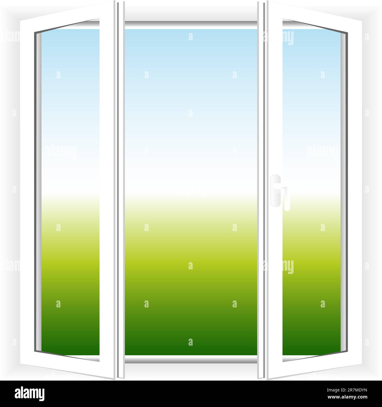 Immagine vettoriale della finestra aperta. Vista su erba e cielo Illustrazione Vettoriale