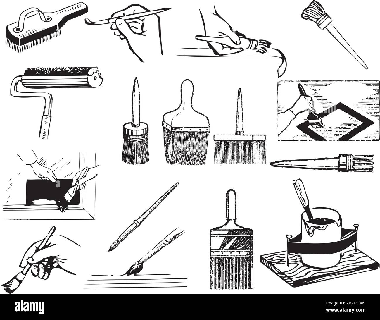 Pennelli con pennelli e lavori associati alla verniciatura degli edifici. Illustrazione vettoriale di EPS. Illustrazione Vettoriale