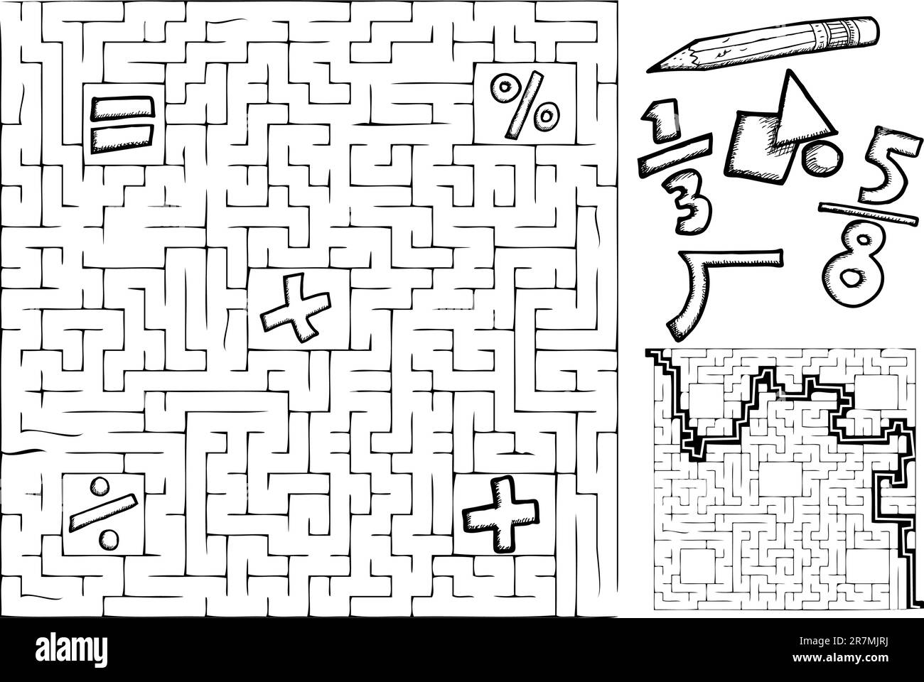 Pagina di colorazione math labirinto con simboli intercambiabili con la soluzione Illustrazione Vettoriale