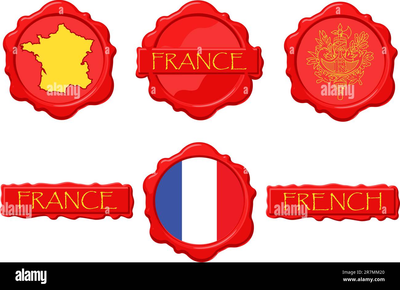 Francobolli in cera francese con bandiera, sigillo, mappa e nome. Illustrazione Vettoriale