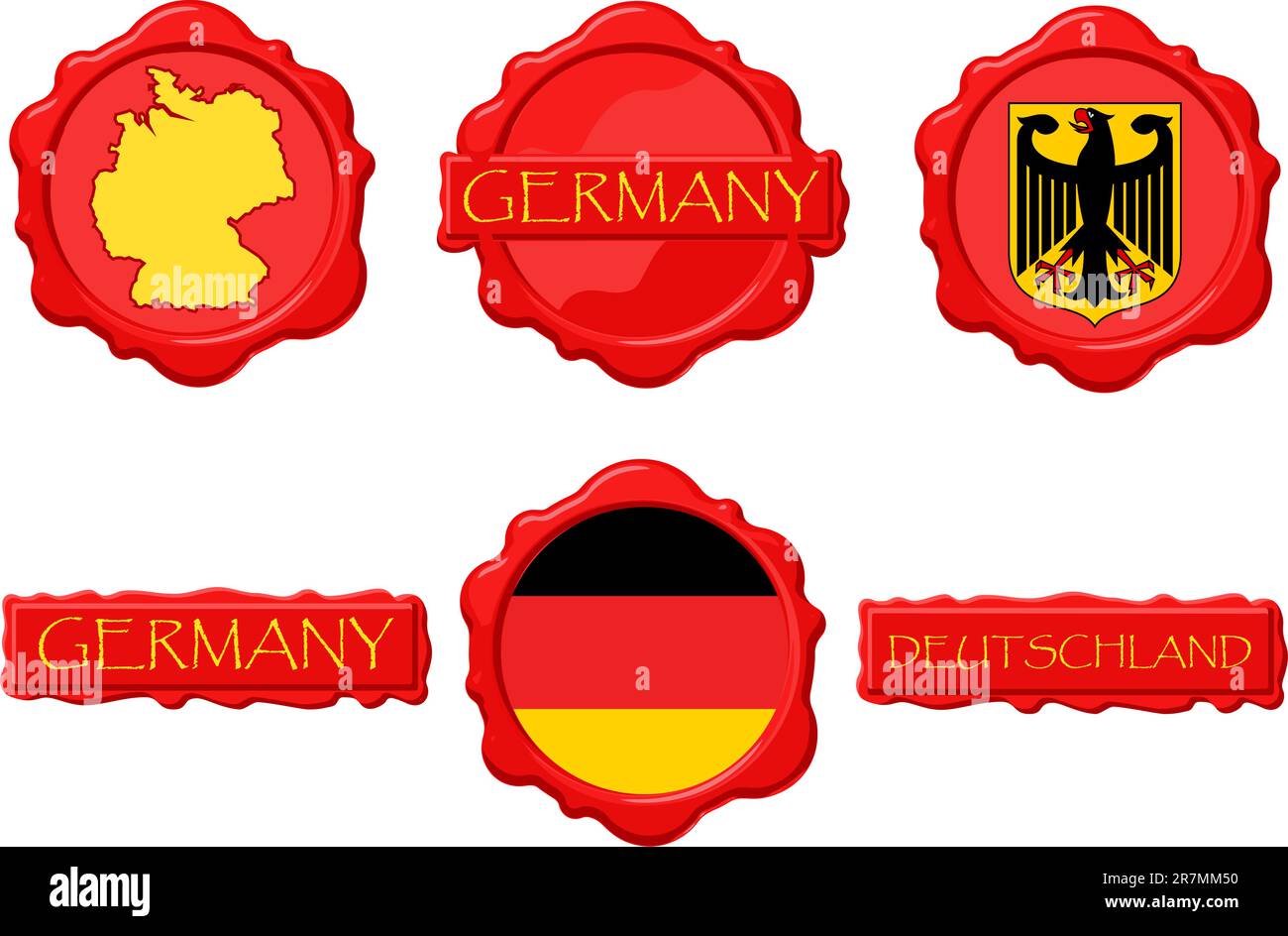 Francobolli in cera per la Germania con bandiera, sigillo, mappa e nome. Illustrazione Vettoriale