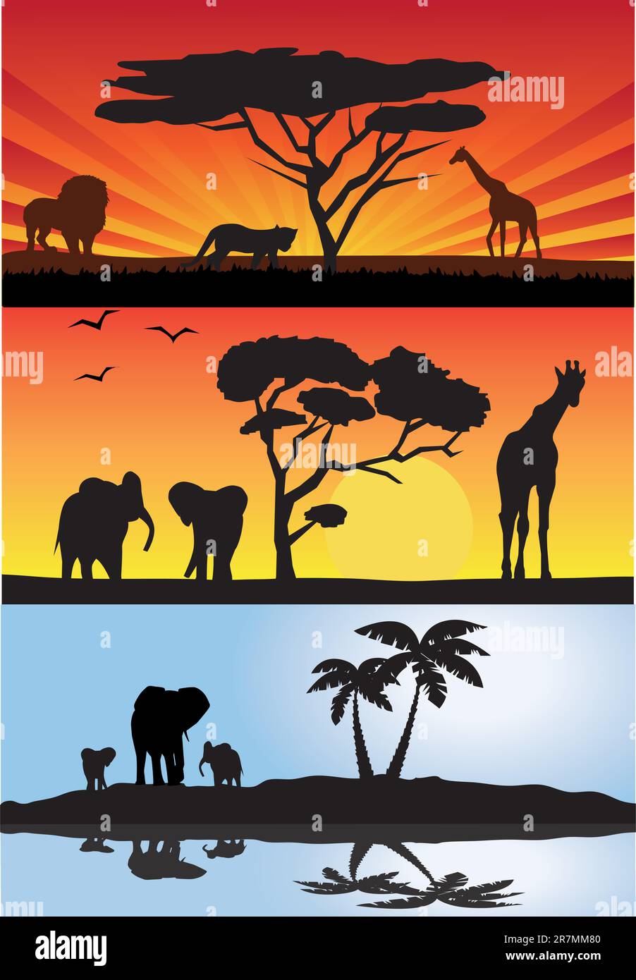 illustrazione vettoriale di tre diversi paesaggi africani con animali Illustrazione Vettoriale