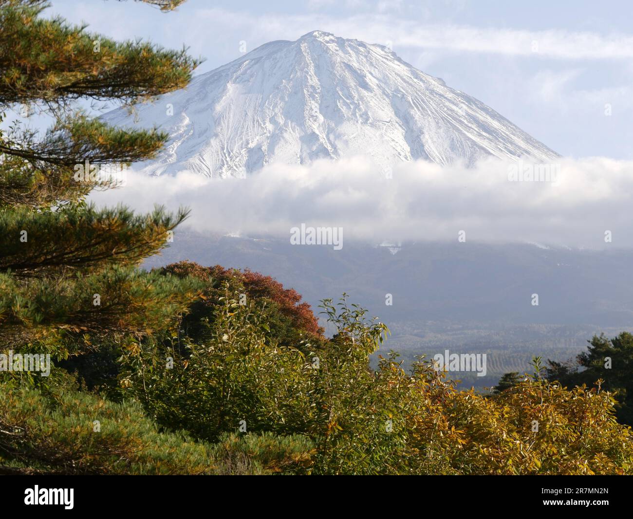 Monte Fuji in ottobre, coperto di neve e parzialmente nuvoloso. Vista dalla zona dei cinque laghi del Giappone Foto Stock