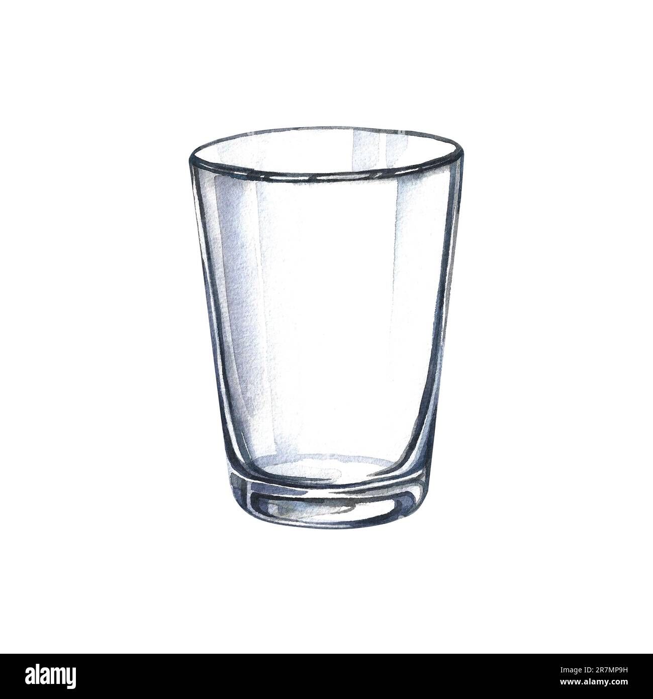 Bicchiere vuoto per acqua, succo o latte. Piatti o utensili da cucina. Illustrazione disegnata a mano con acquerello. Isolato su sfondo bianco. Elemento per t Foto Stock