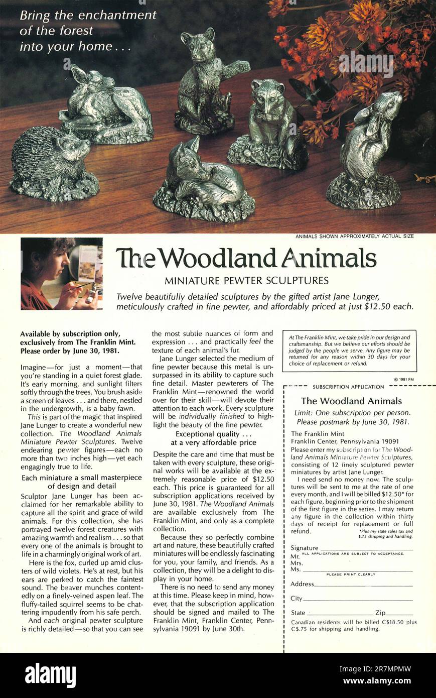 Woodland Animals miniature pewter sculptures spot in una rivista 1981 Foto Stock