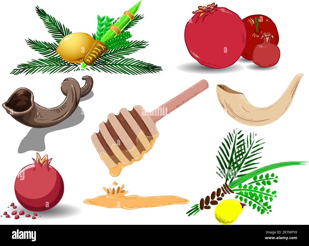 Un pacco di illustrazioni vettoriali di famosi simboli ebraici per la festività ebraiche Anno nuovo, Yom Kipur e Sukkot. Illustrazione Vettoriale