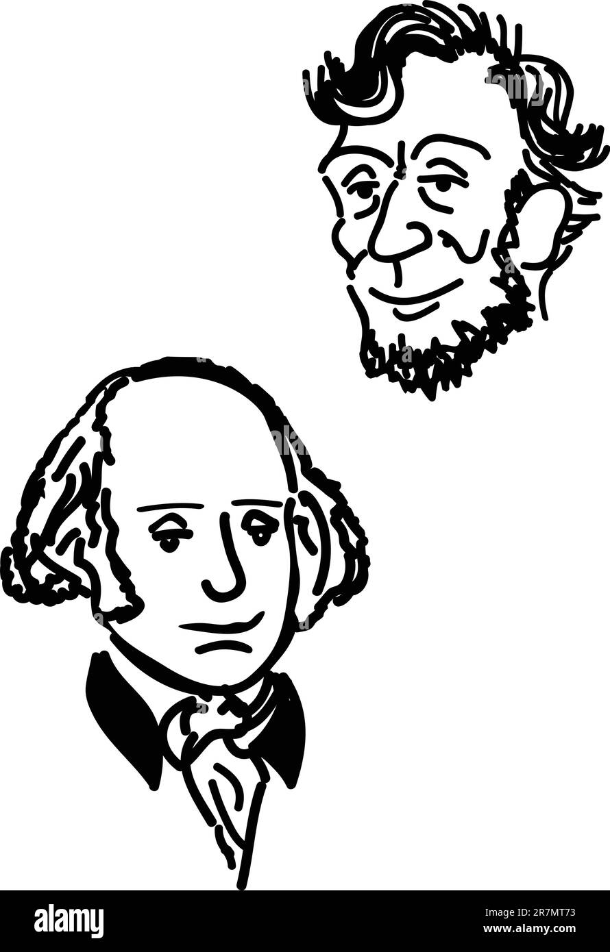 Due schizzi di Abraham Lincoln e George Washington sorridenti. Illustrazione Vettoriale