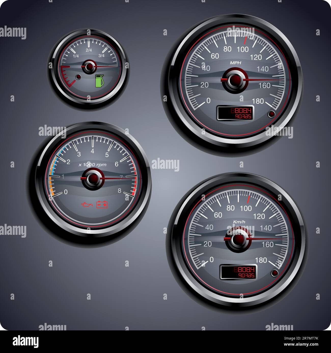 Indicatori illustrati per automobili per gas, olio, batteria e velocità. Illustrazione Vettoriale