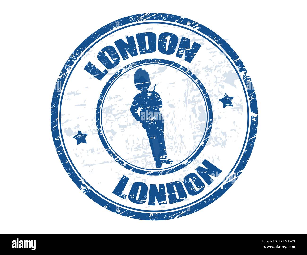 Timbro in gomma grunge blu con una forma di guardia e la parola London scritta all'interno Illustrazione Vettoriale