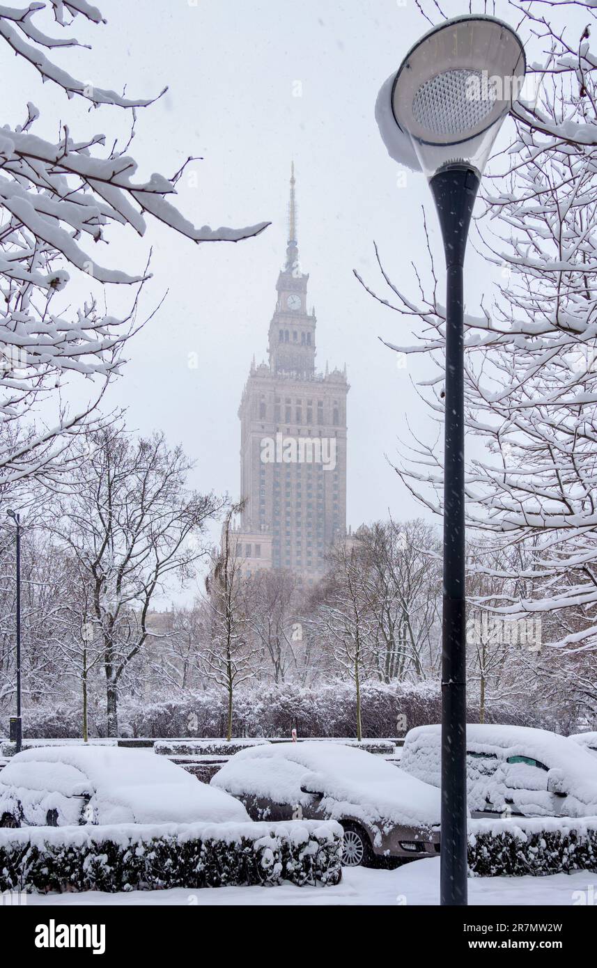 Palazzo della Cultura e della Scienza, inverno, Varsavia, voivodato Masoviano, Polonia Foto Stock