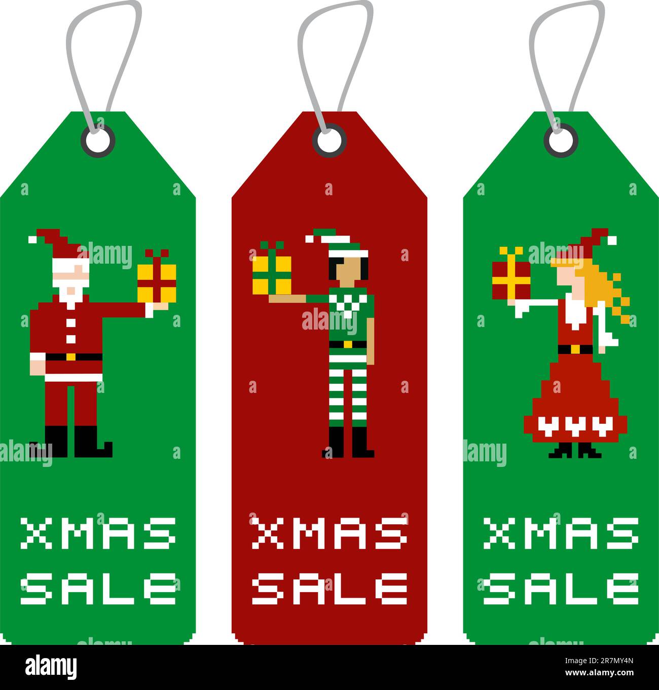 Tag di natale con differenti divertente stagione pixeled caratteri. Illustrazione Vettoriale