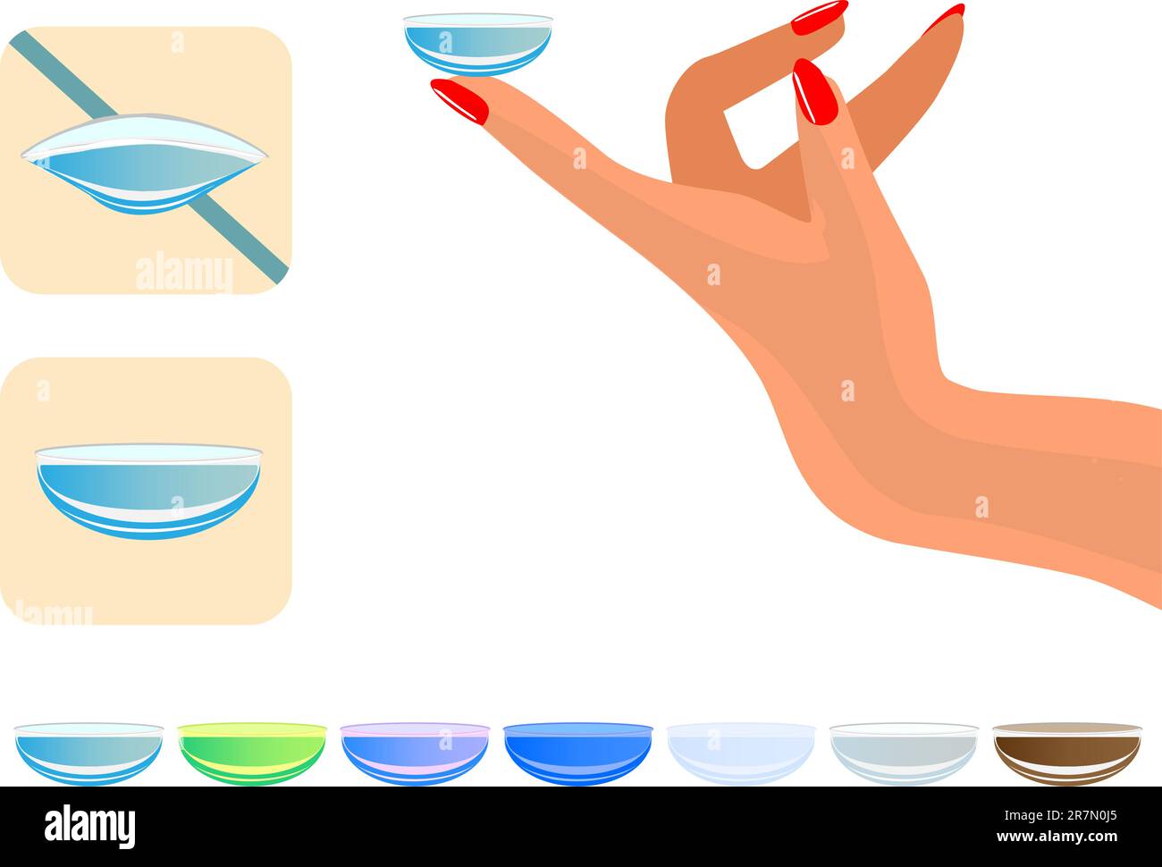 Illustrazione medica - obiettivi a contatto, set di icone per uso corretto e non corretto. Suggerimenti su come indossare le lenti a contatto, guida oftalmologica Illustrazione Vettoriale