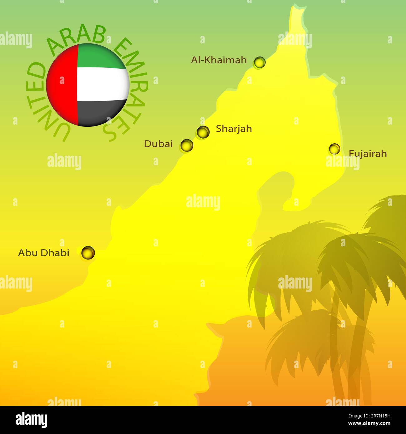 L'immagine di una parte di una mappa degli Emirati Arabi Uniti e della bandiera nazionale forma un cerchio su sfondo colorato Illustrazione Vettoriale
