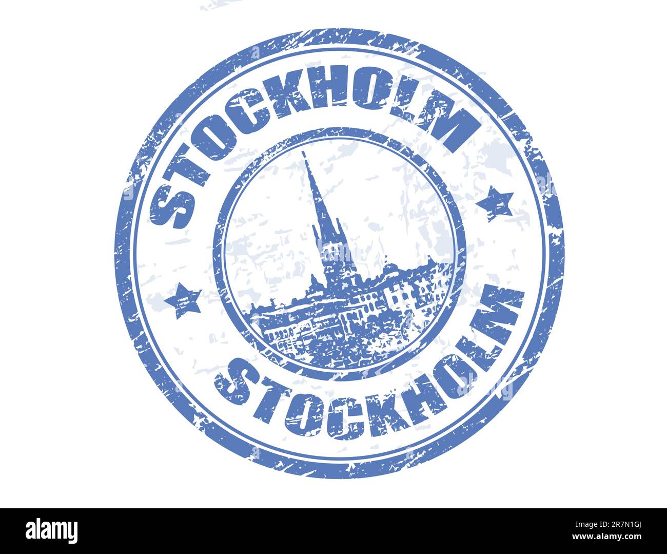Francobollo in gomma grunge con forma a chiesa Riddarholmen e il nome di Stoccolma, la capitale della Svezia, scritto all'interno Illustrazione Vettoriale