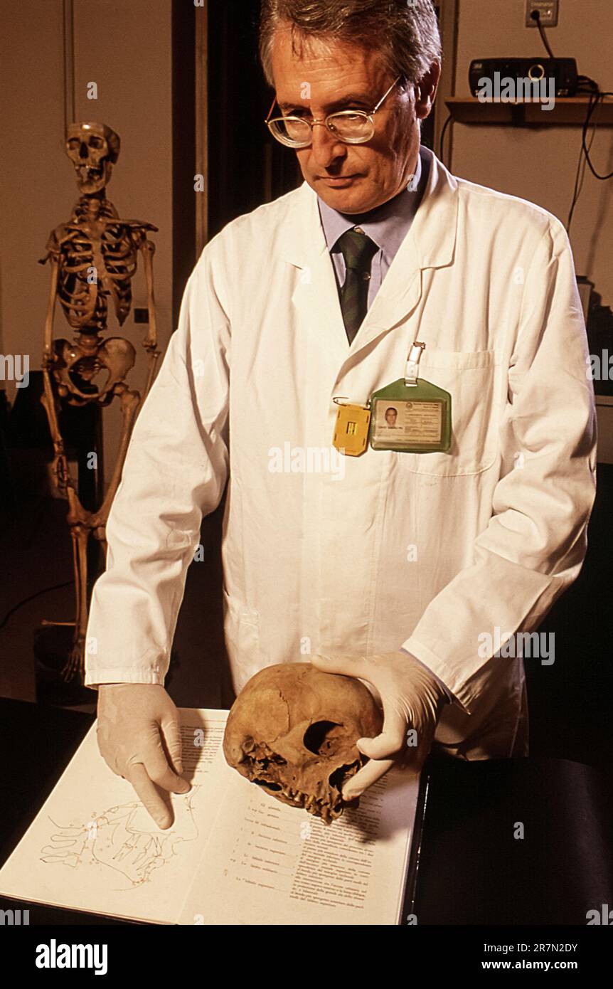 Italia Campania Pompei villa Moregine, gli scavi archeologici - cranio dell'uomo morte durante l'eruzione del vulcano Vesuvio - Studio Foto Stock