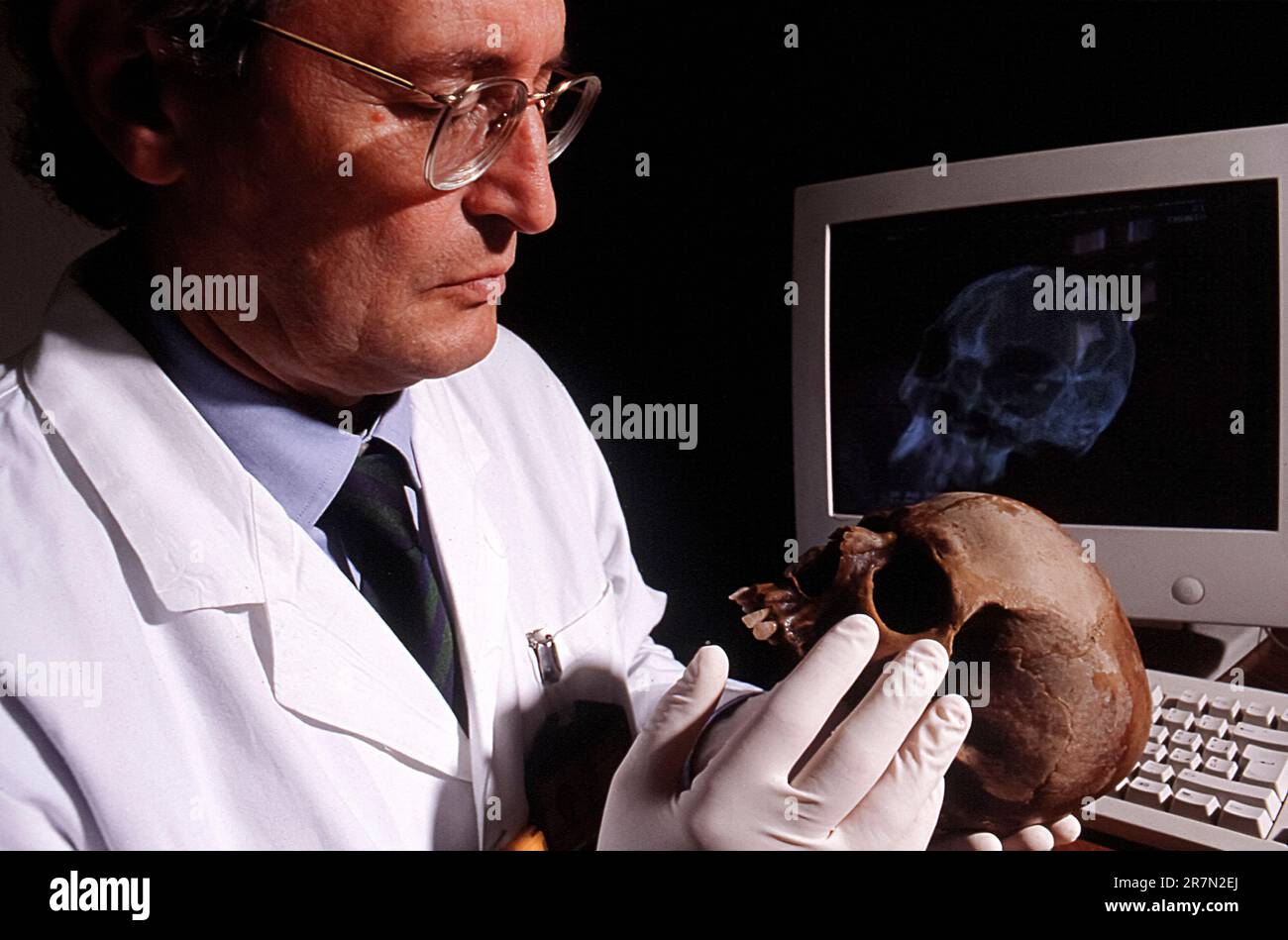 Italia Campania Pompei villa Moregine, gli scavi archeologici - cranio dell'uomo morte durante l'eruzione del vulcano Vesuvio - Studio Foto Stock