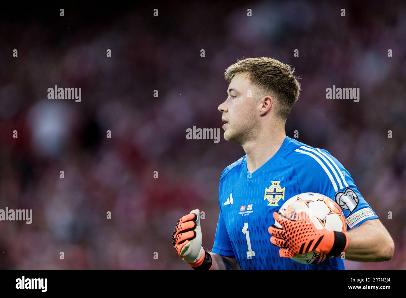 Copenaghen, Danimarca. 16th giugno, 2023. Il portiere Bailey Peacock-Farrell (1) dell'Irlanda del Nord visto durante la partita di qualificazione UEFA euro 2024 tra Danimarca e Irlanda del Nord a Parken a Copenaghen. (Photo Credit: Gonzales Photo/Alamy Live News Foto Stock