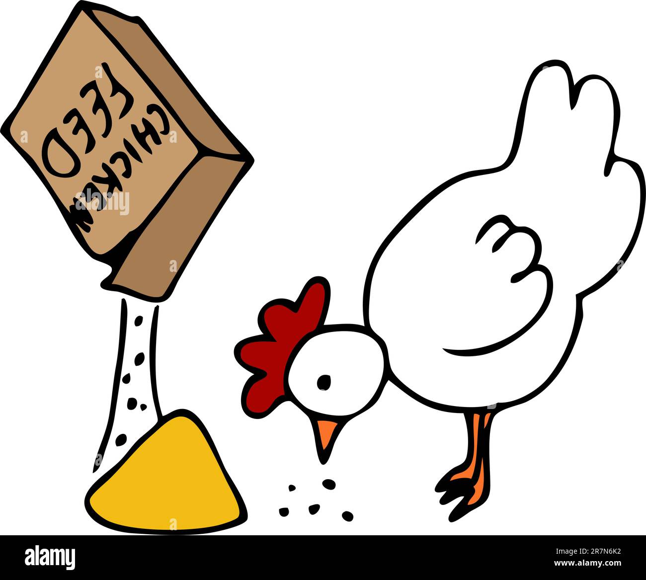 Una immagine di una gallina di mangiare da una cassetta di alimentazione di pollo. Illustrazione Vettoriale