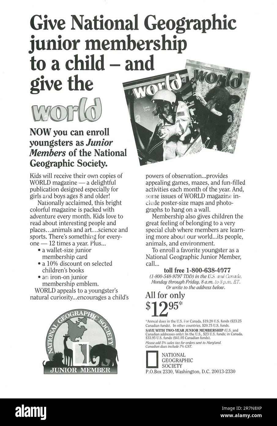 Annuncio di iscrizione junior National Geographic su una rivista 1993 Foto Stock