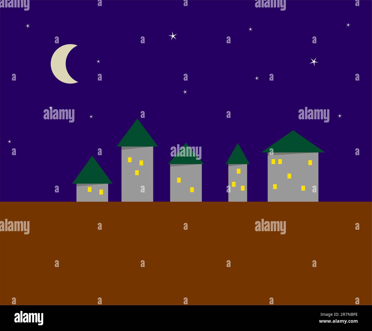 L'immagine stilizzata di una notte piccola città - cinque case Illustrazione Vettoriale