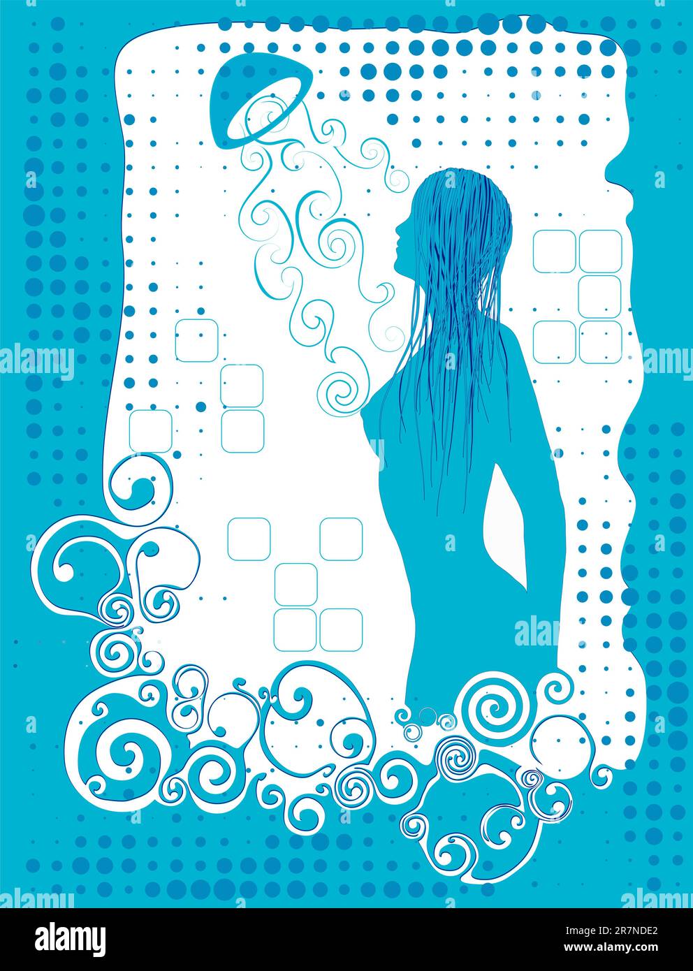 una donna nella doccia viene spruzzata d'acqua in una tonalità blu chiaro Illustrazione Vettoriale