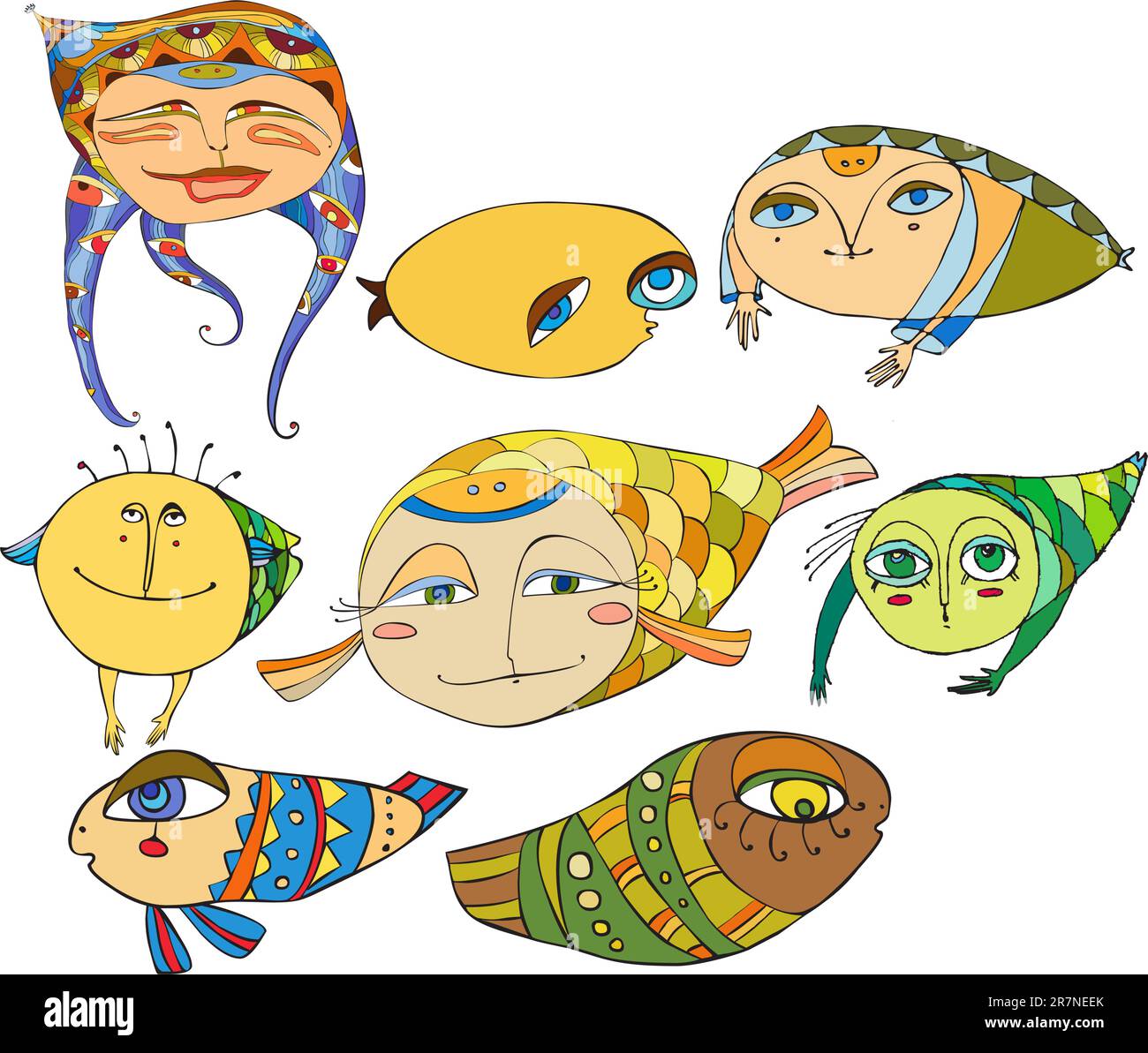 Set di divertenti pesci colorati Illustrazione Vettoriale