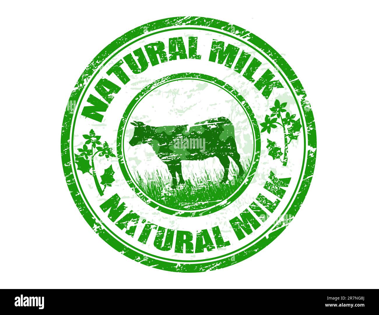 Timbro in gomma grunge a forma di mucca e il testo latte naturale scritto all'interno, illustrazione vettoriale Illustrazione Vettoriale