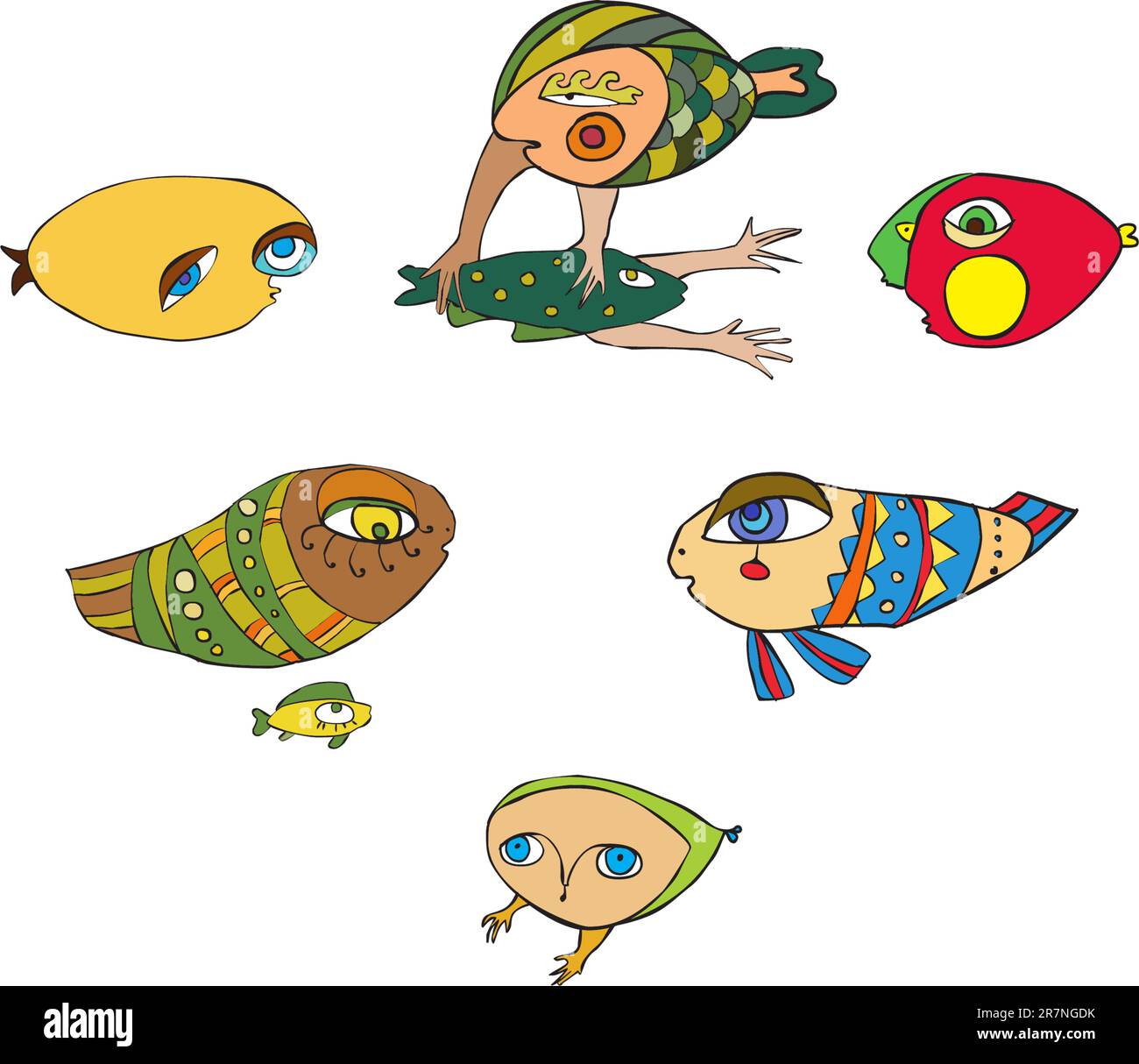 Set di divertenti pesci colorati Illustrazione Vettoriale