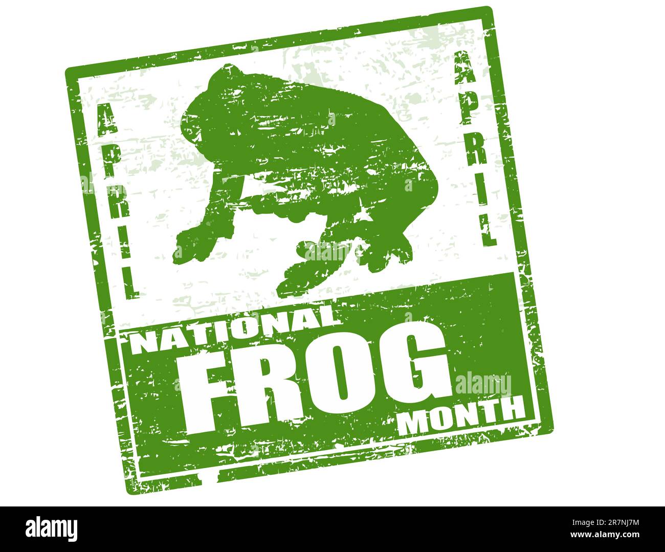 Timbro in gomma grunge verde astratto con forma di rana e il testo National Frog Month scritto all'interno del timbro e. Illustrazione Vettoriale