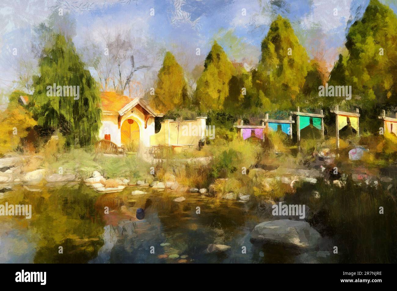 Area per bambini. Wegerzyn Gardens Metro Park. Dayton, Ohio, Stati Uniti. La fotografia è stata post-elaborata con tecniche di pittura digitale al computer. Foto Stock