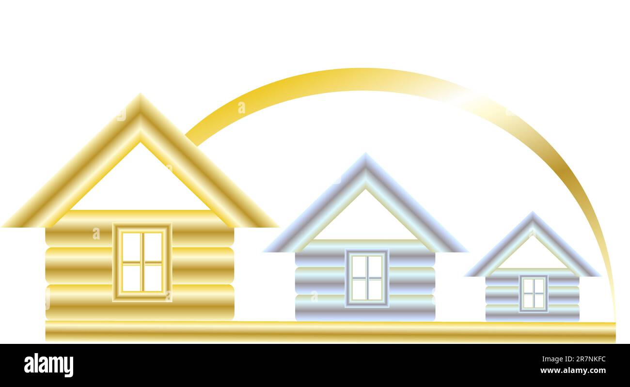 Casa dorata e due argento su sfondo bianco sotto il sole Illustrazione Vettoriale