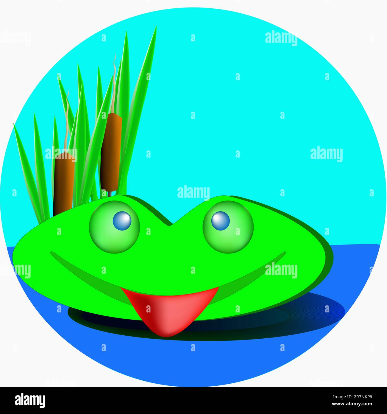 La rana verde sorride e guarda fuori dalle canne. Illustrazione Vettoriale