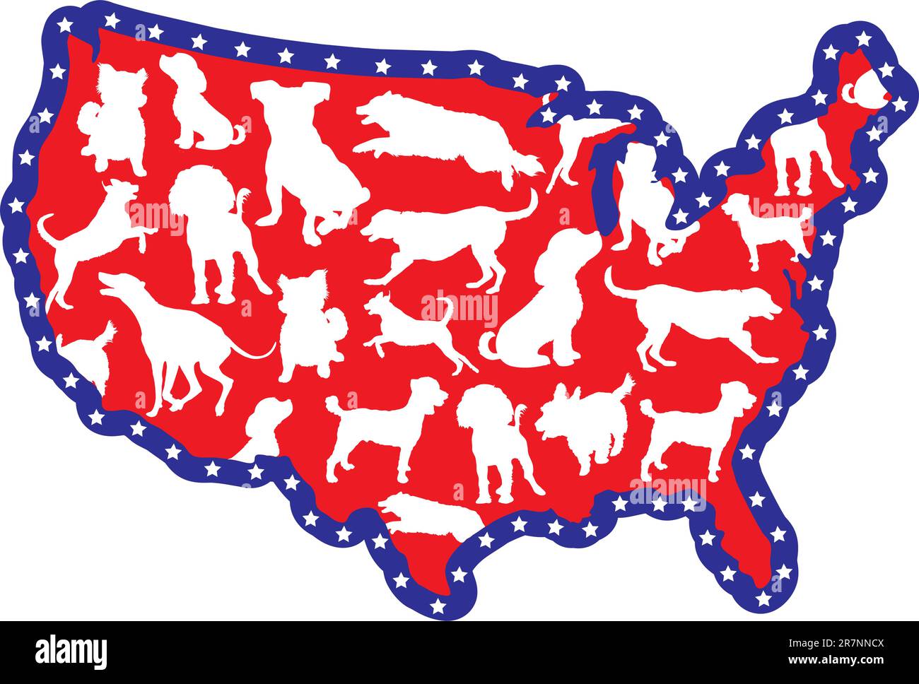 Una mappa degli Stati Uniti con sagome di diverse razze di cani Illustrazione Vettoriale
