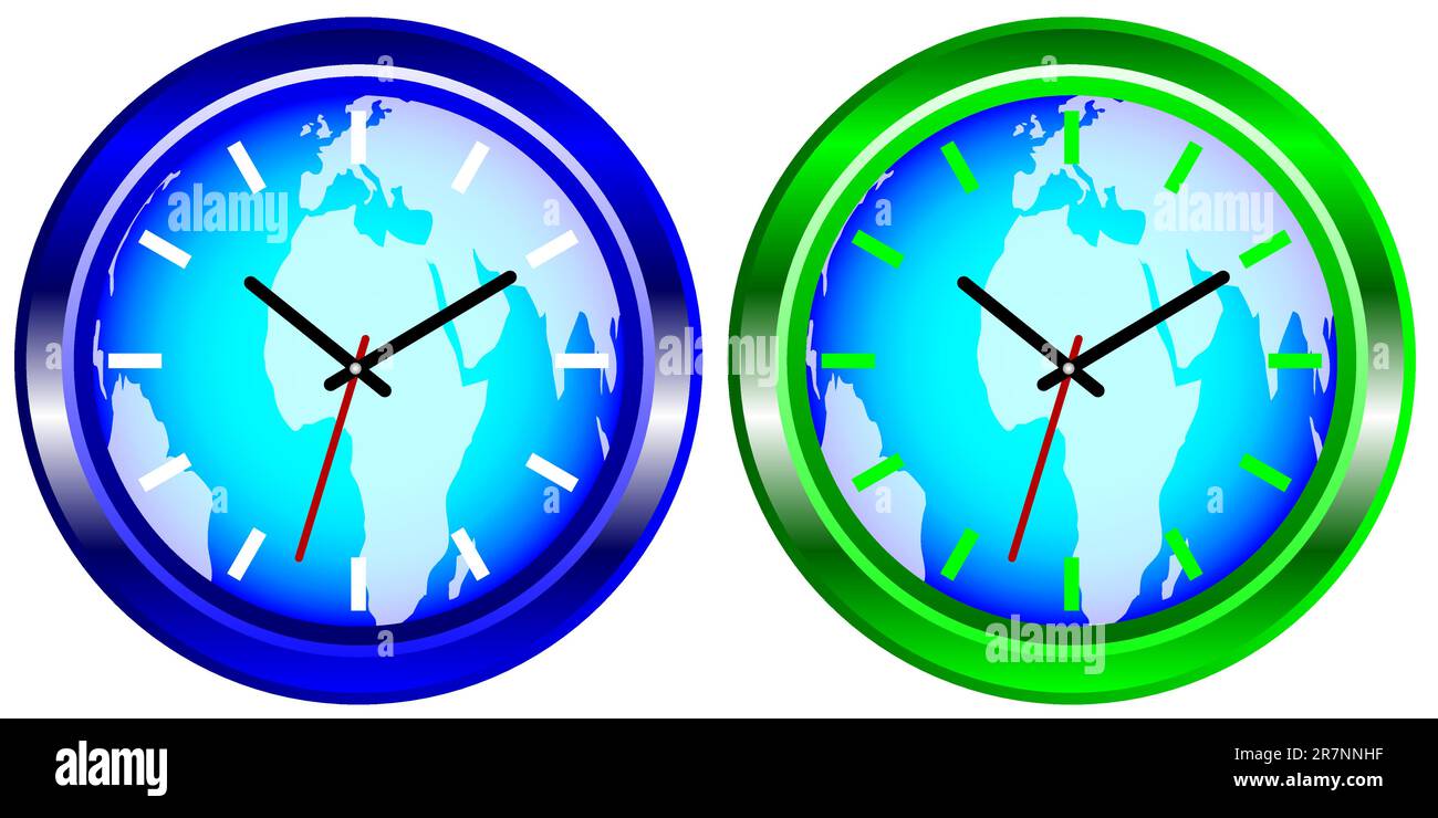 Orologio da parete con mappa del mondo in colore blu e verde Illustrazione Vettoriale