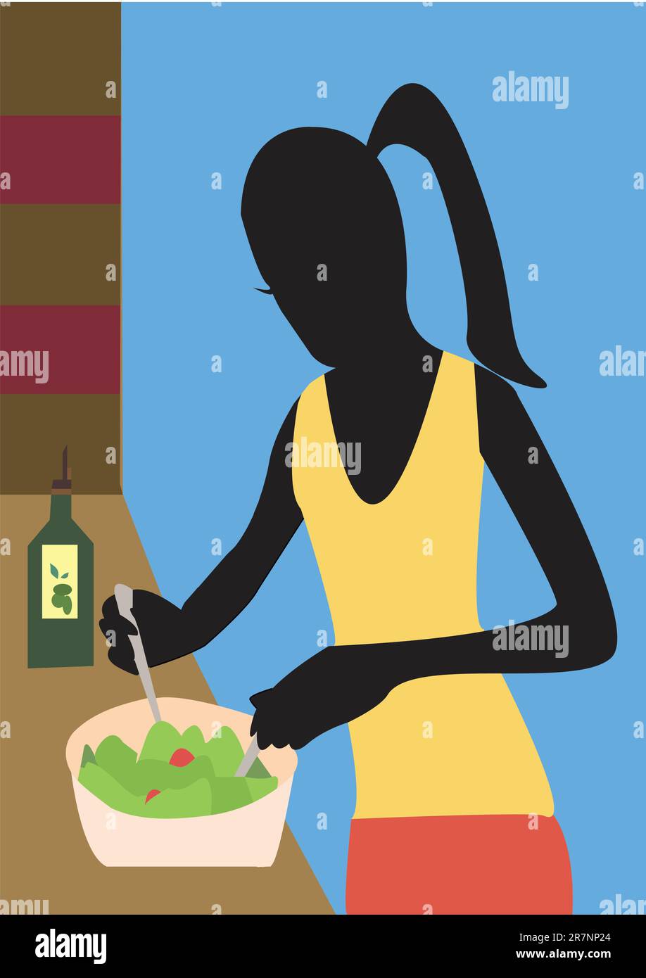 lavoro vettoriale, ragazza che prepara la sua insalata preferita con l'olio d'oliva Illustrazione Vettoriale