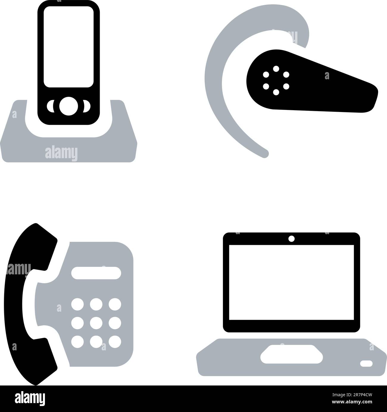 Icone vettoriali a due colori degli strumenti di comunicazione: Telefono cellulare con postazione doc, auricolare, telefono per ufficio e computer portatile. Illustrazione Vettoriale