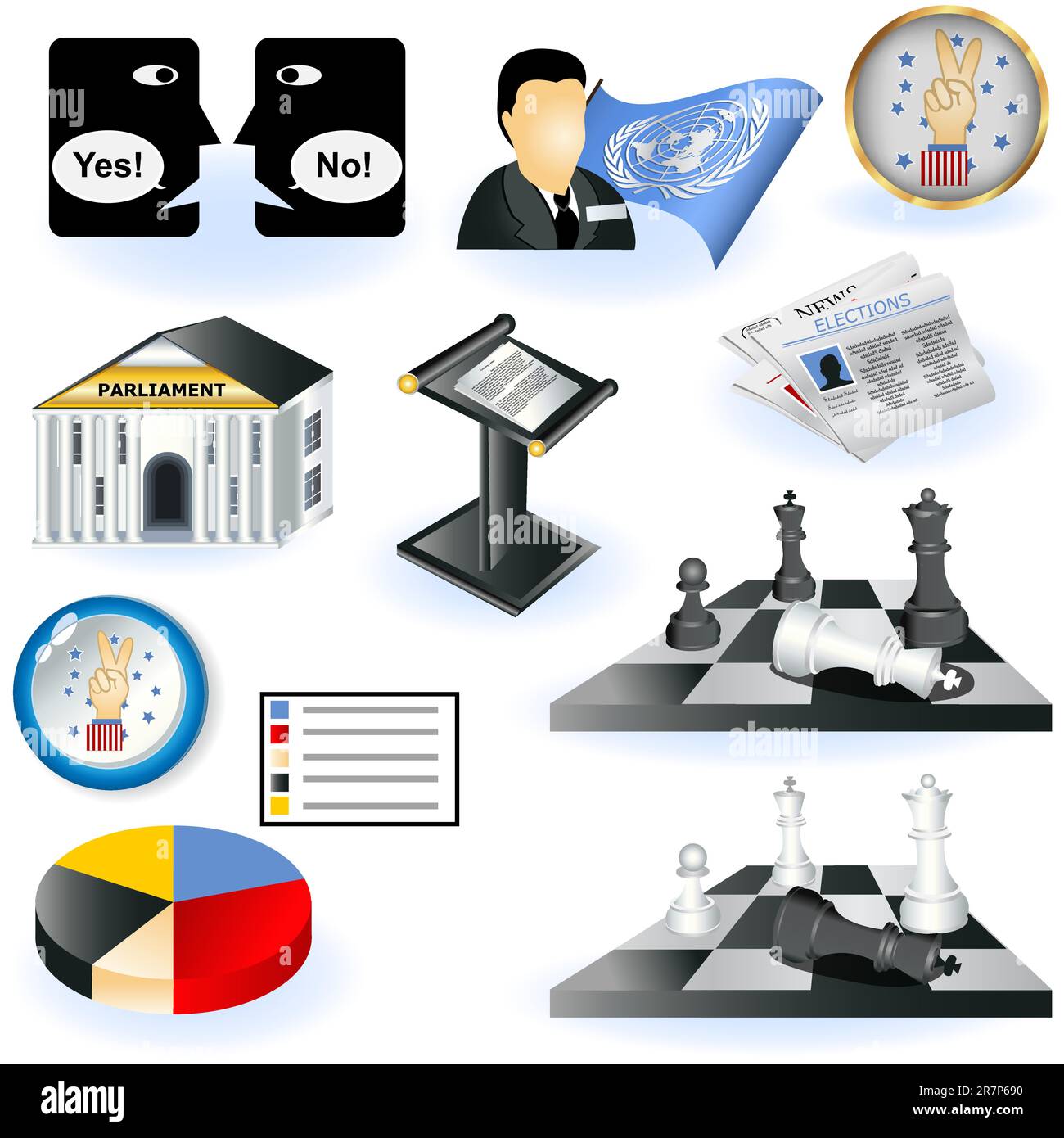 Una raccolta di diverse illustrazioni di icone legate alla politica. Illustrazione Vettoriale