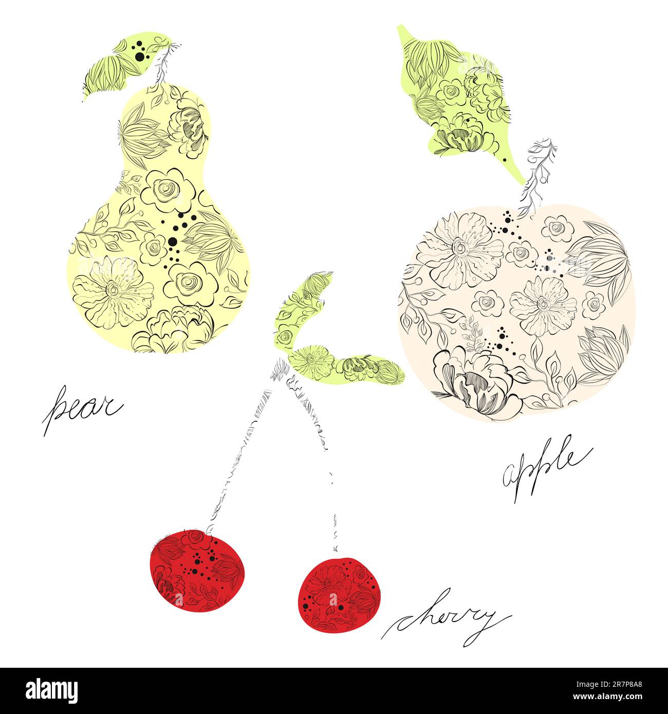 Illustrazione stilizzata di pera, ciliegia, mela Illustrazione Vettoriale