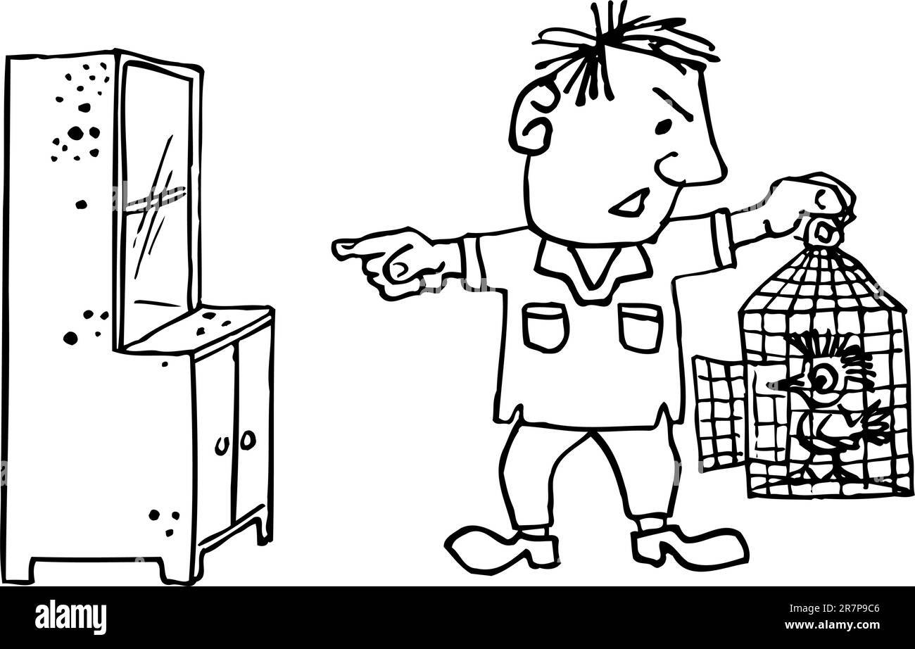 Un uomo arrabbiato con un uccello nella gabbia Illustrazione Vettoriale Un uomo arrabbiato con un uccello nella gabbia Illustrazione Vettoriale