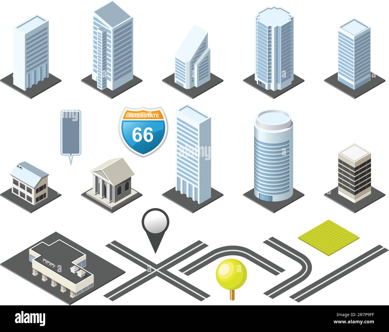 Kit di strumenti Downtown Isometric Map con edifici e strade Illustrazione Vettoriale